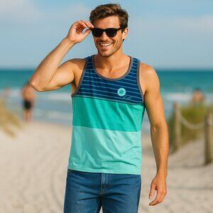Belize Mens Blue Green Colorblock Tank Top Palm Tree 80s Retro Beach Casual Y2K